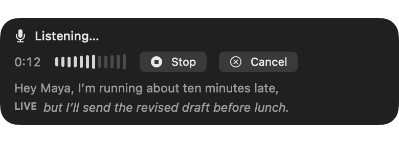 LocalWhisper’s floating dictation panel with elapsed time, microphone level, finalized text, live text, Stop, and Cancel