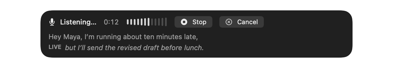 LocalWhisper’s floating dictation panel with elapsed time, microphone level, finalized text, live text, Stop, and Cancel