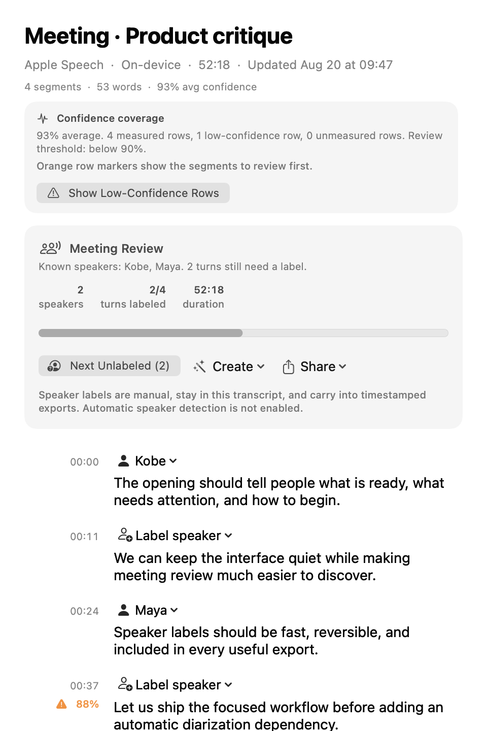 LocalWhisper’s meeting review interface with confidence coverage, manual speaker labels, review progress, timestamps, and transcript text