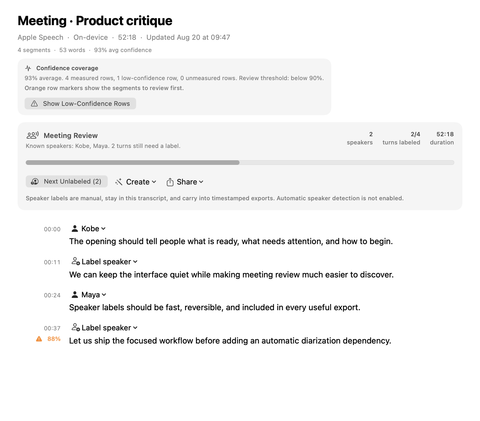LocalWhisper’s meeting review interface with confidence coverage, manual speaker labels, review progress, timestamps, and transcript text